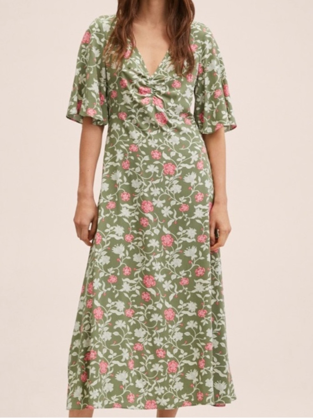 Mango Green & Pink Midi Floral Dress Size 6 Looks New 100% Viscose